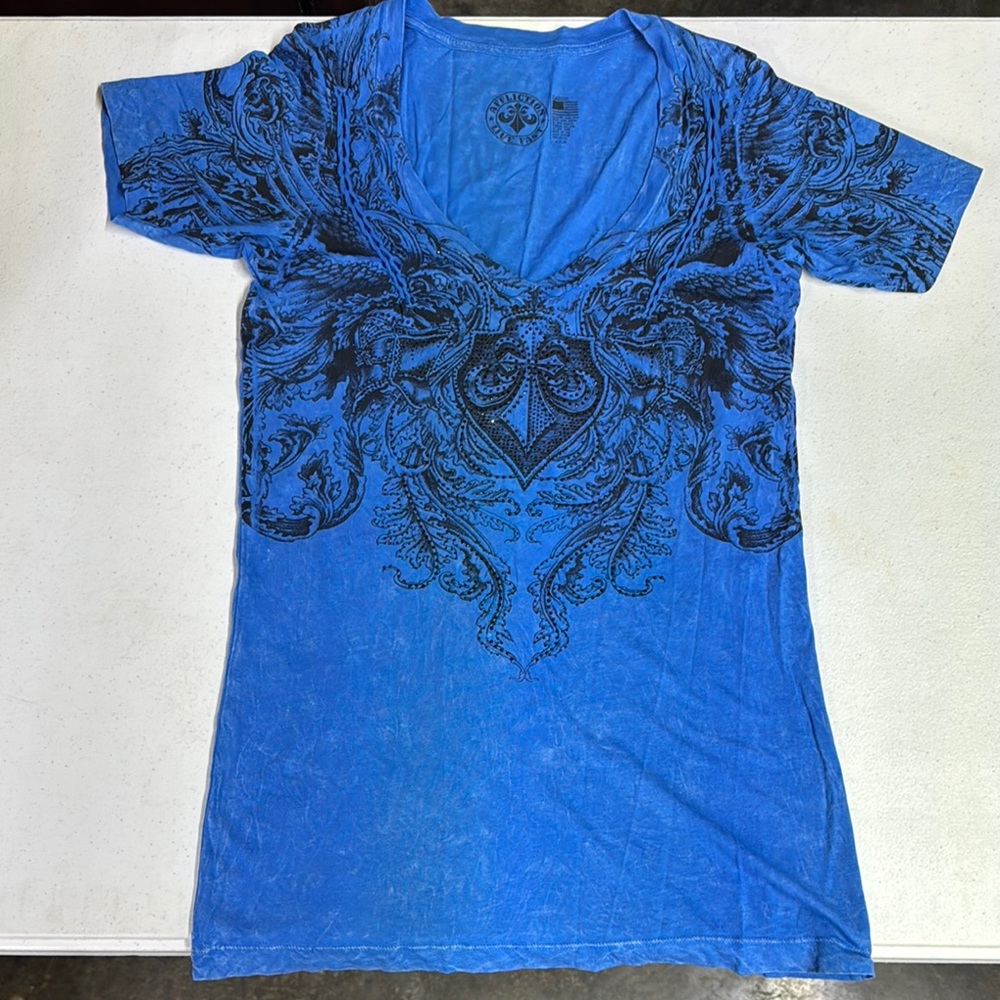 AFFLICTION Blue + Black Graphic Women's short sleeve top